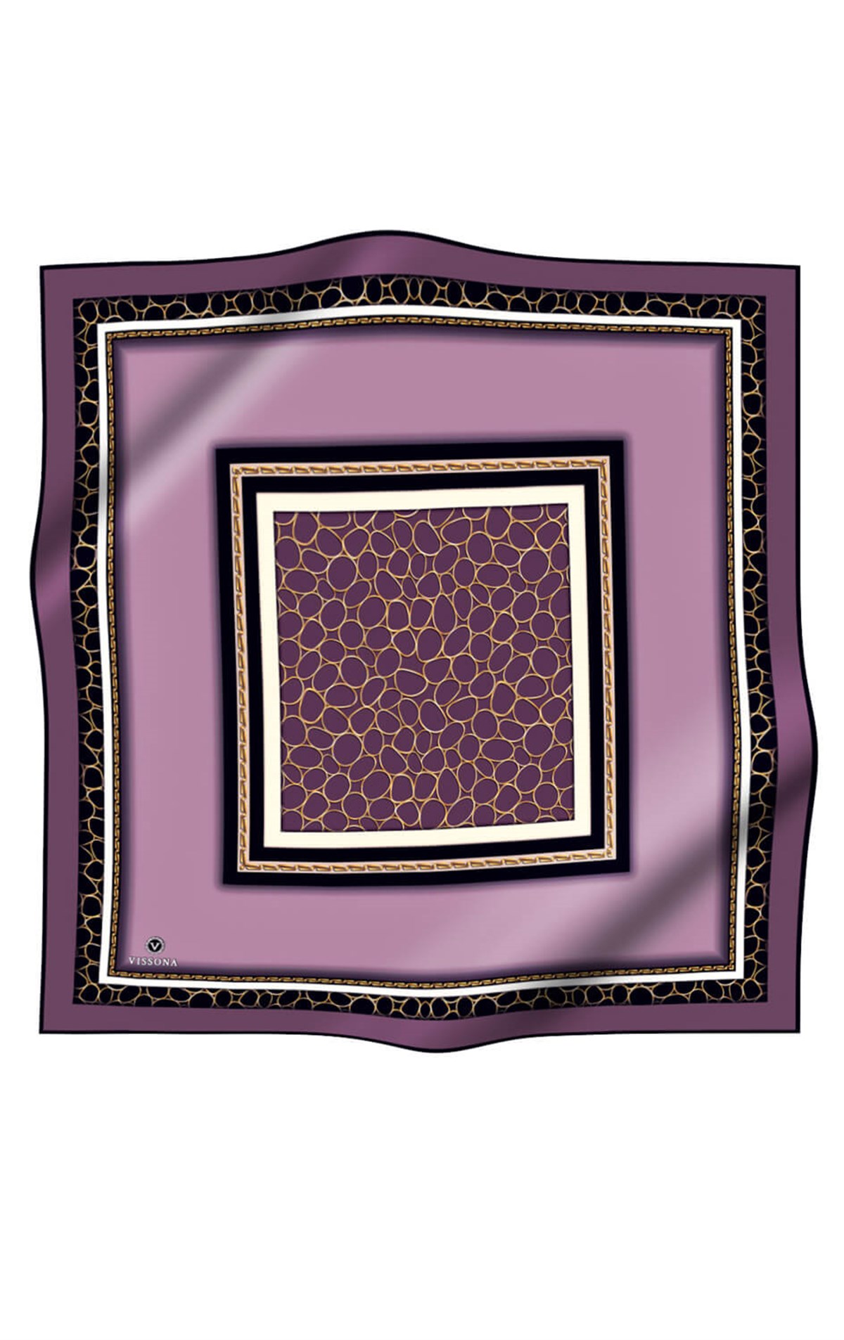 %100 Twill İpek Gold Halka Desenli Lila - Siyah Renkli 90x90 Eşarp Dikim Şekli : El Dikişi