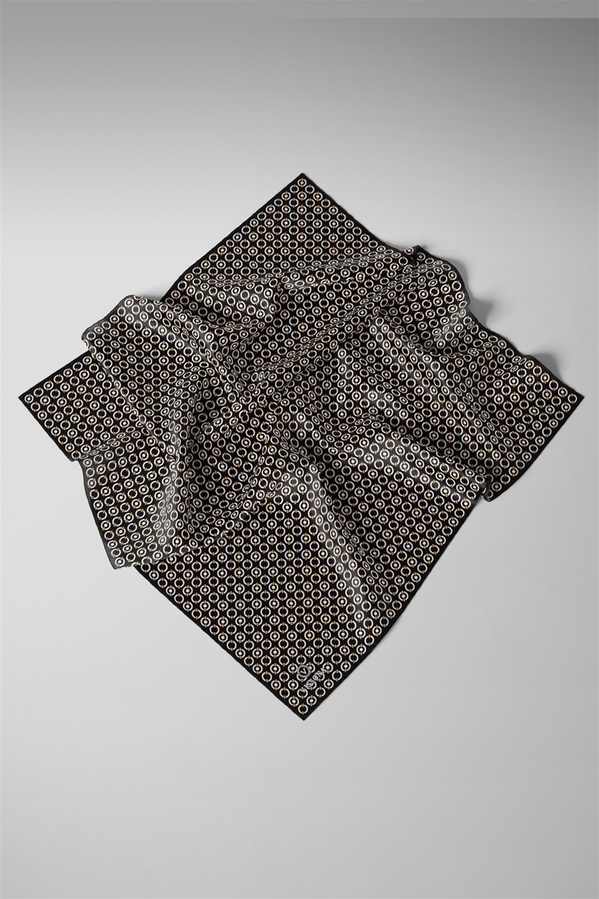 %100 Twill İpek Zincir Desenli Siyah - Krem Renkli 90x90 Eşarp Kenar Dikiş Şekli El Dikişli