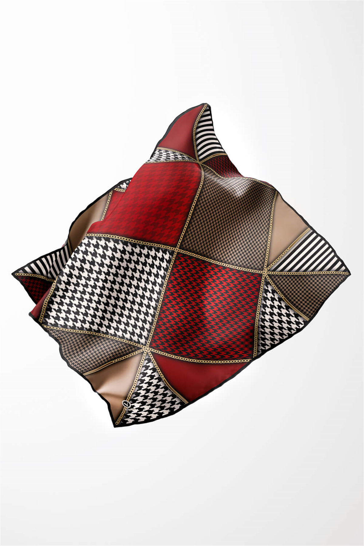Twil Geometrik Ve Kazayak Desenli Bordo Renkli 90x90 Eşarp (İpek İçermez) Dikim Şekli : El Dikişi