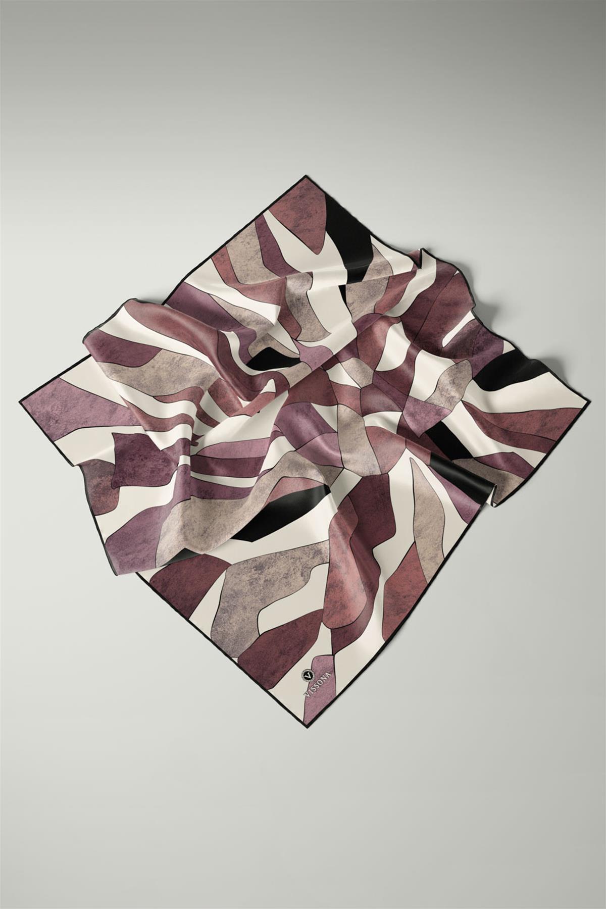 %100 Twill İpek Geometrik Desenli Pudra - Somon Renkli 90x90 Eşarp Dikim Şekli : El Dikişi