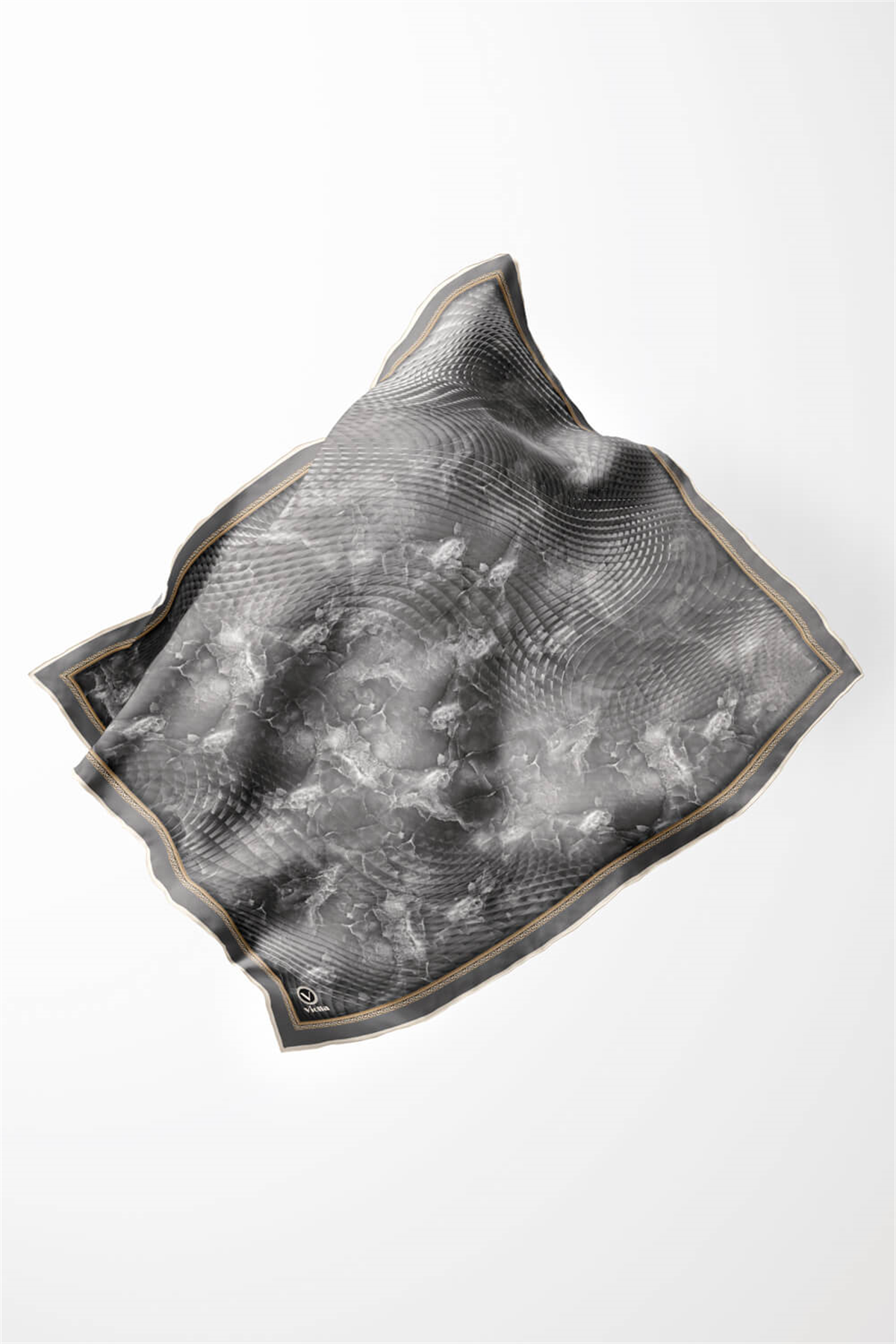 Twill Batik Desenli Gri Renkli 90x90 Eşarp (İpek İçermez) Kenar Dikiş Şekli El Dikişli