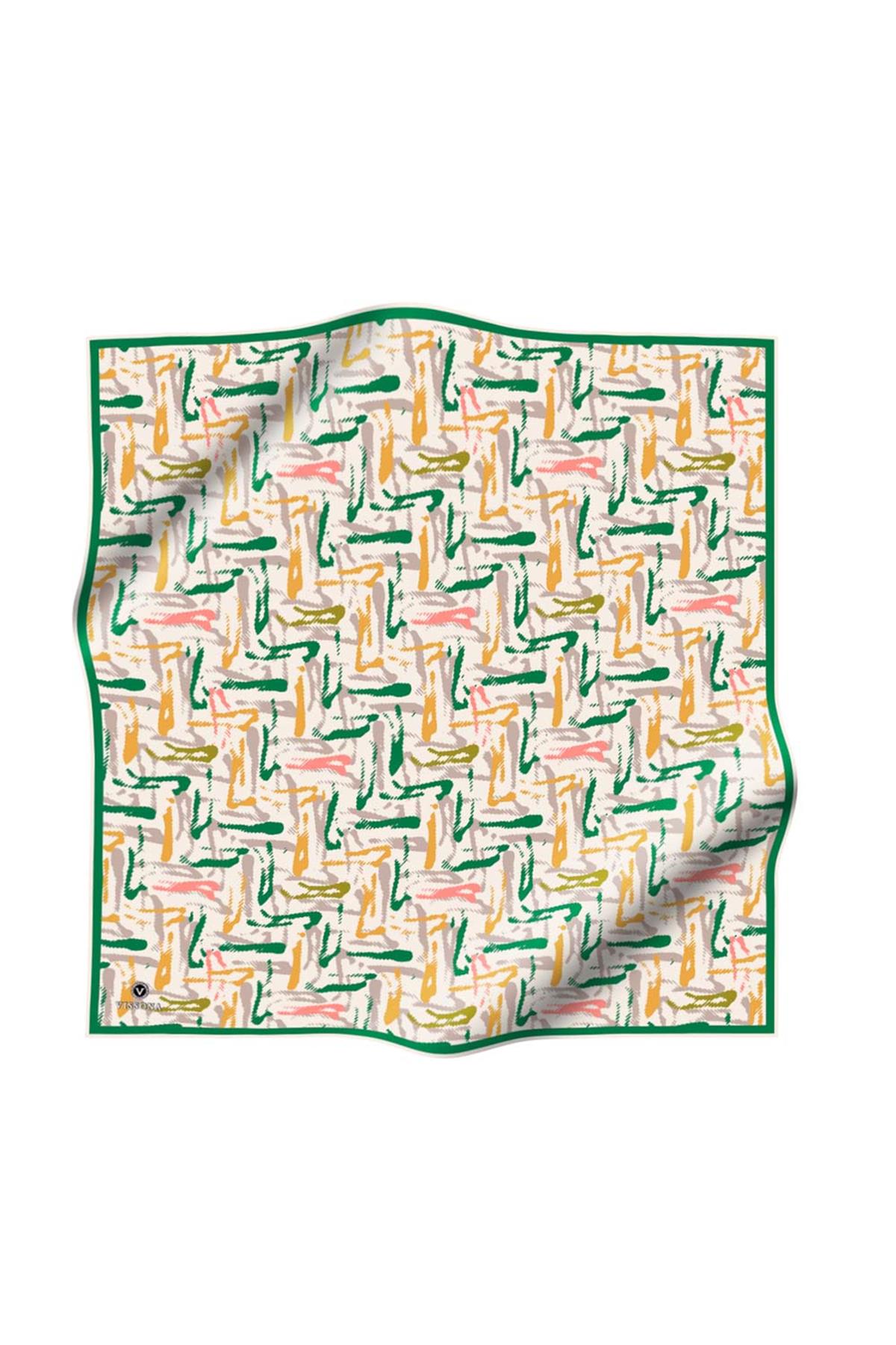 %100 Twill İpek Geometrik Desenli Benetton Yeşili - Sarı Renkli 90x90 Eşarp Dikim Şekli : El Dikişi