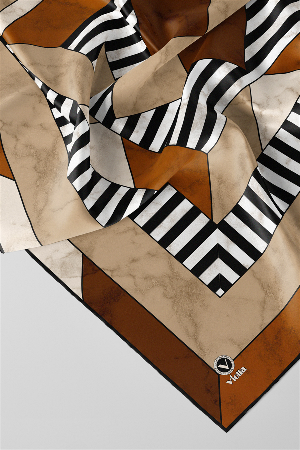 Twill Çizgili Geometrik Mermer Desenli Taba Renkli 90x90 Eşarp (İpek İçermez) Kenar Dikiş Şekli El Dikişli