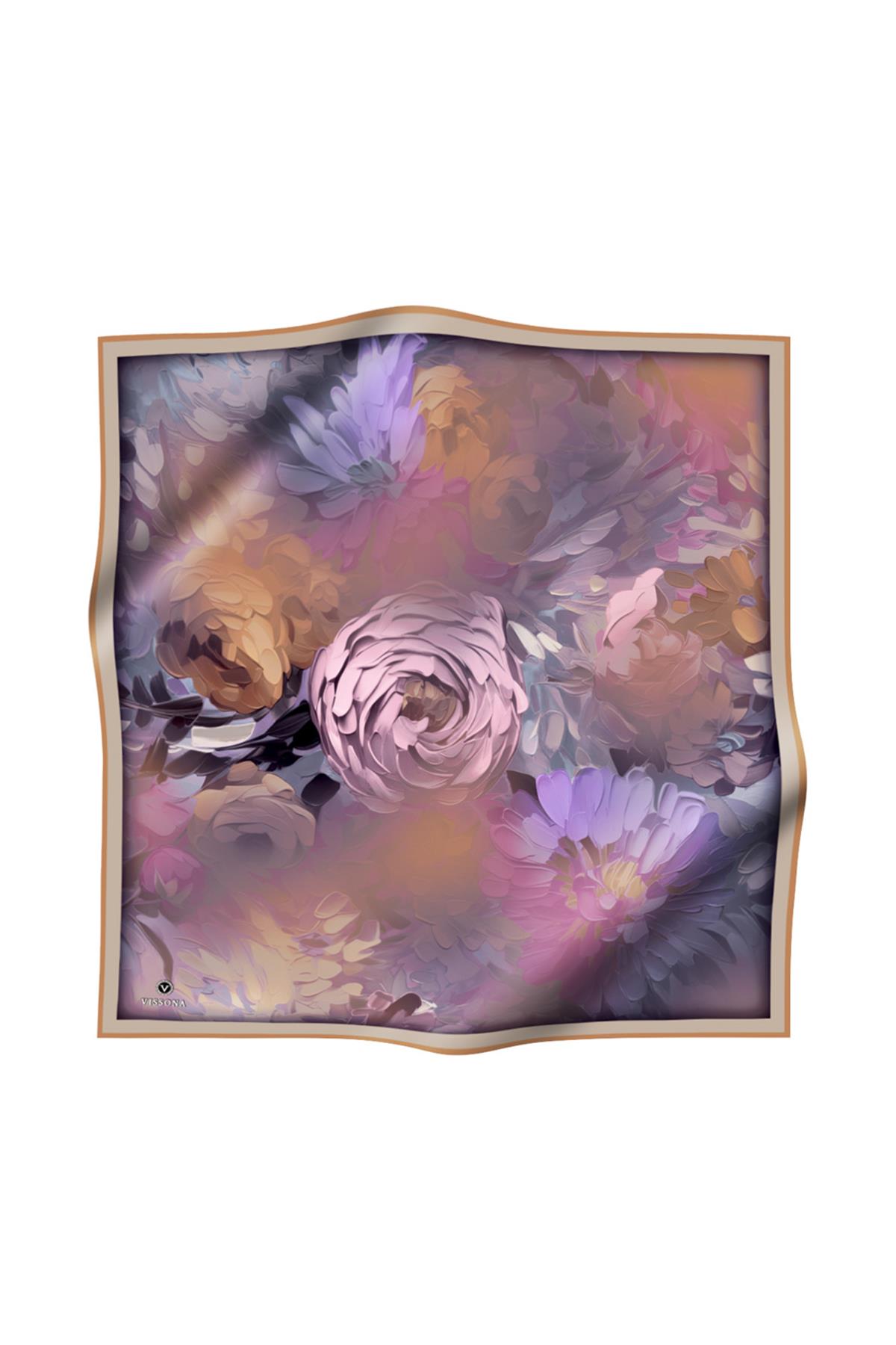 %100 Twill İpek Dumanlı Çiçek Desenli Somon - Lila Renkli 90x90 Eşarp Kenar Dikiş Şekli El Dikişli