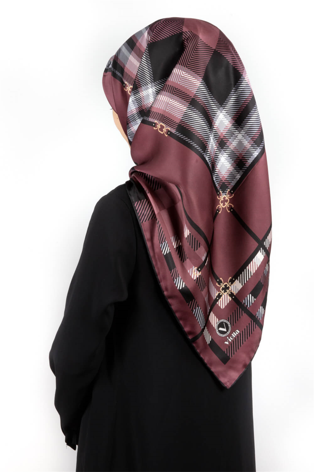 Twill Kemerli ve Ekose Desenli Gül Kurusu Renkli 90x90 Eşarp (İpek İçermez)Kenar Dikiş Şekli El Dikişli