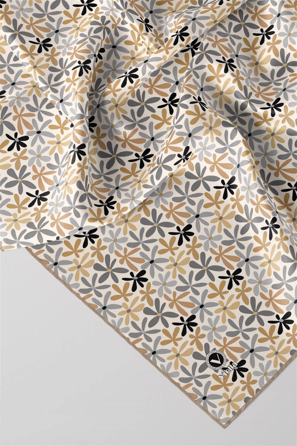 Twill Renkli Çiçek Desenli Bej Renkli 90x90 Eşarp (İpek İçermez) Kenar Dikiş Şekli El Dikişli