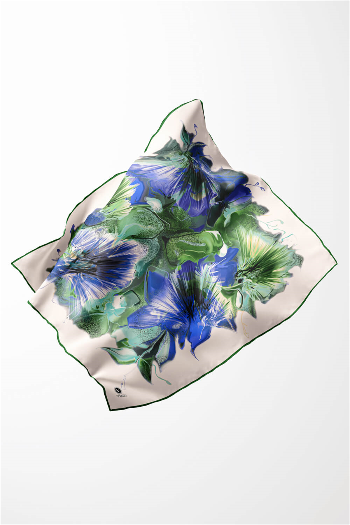 Twill Çiçek Desenli Zümrüt Yeşili - Saks Renkli 90x90 Eşarp (İpek İçermez) Kenar Dikiş Şekli El Dikişli