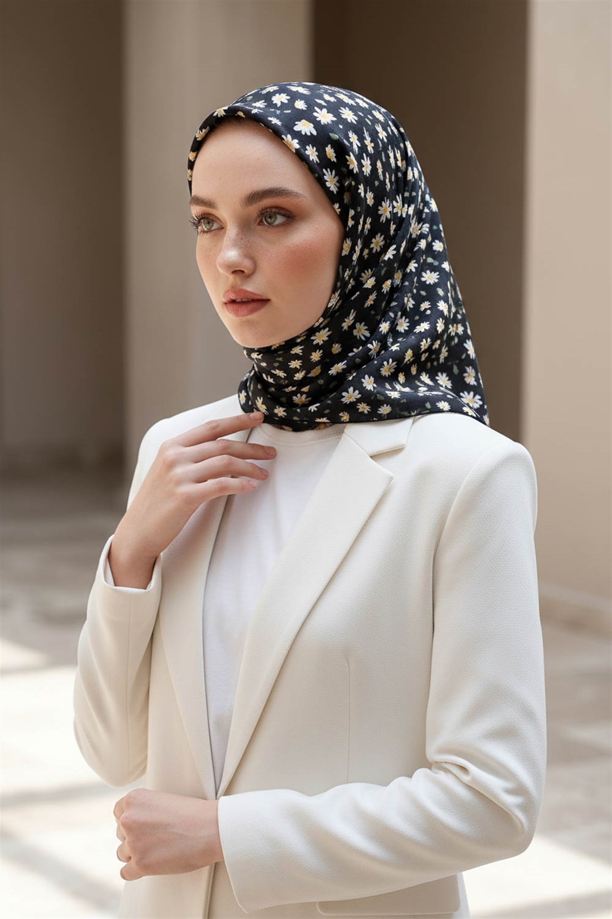 %100 Twill İpek Papatya Desenli Siyah Renkli 90x90 Eşarp Dikim Şekli : El Dikişi