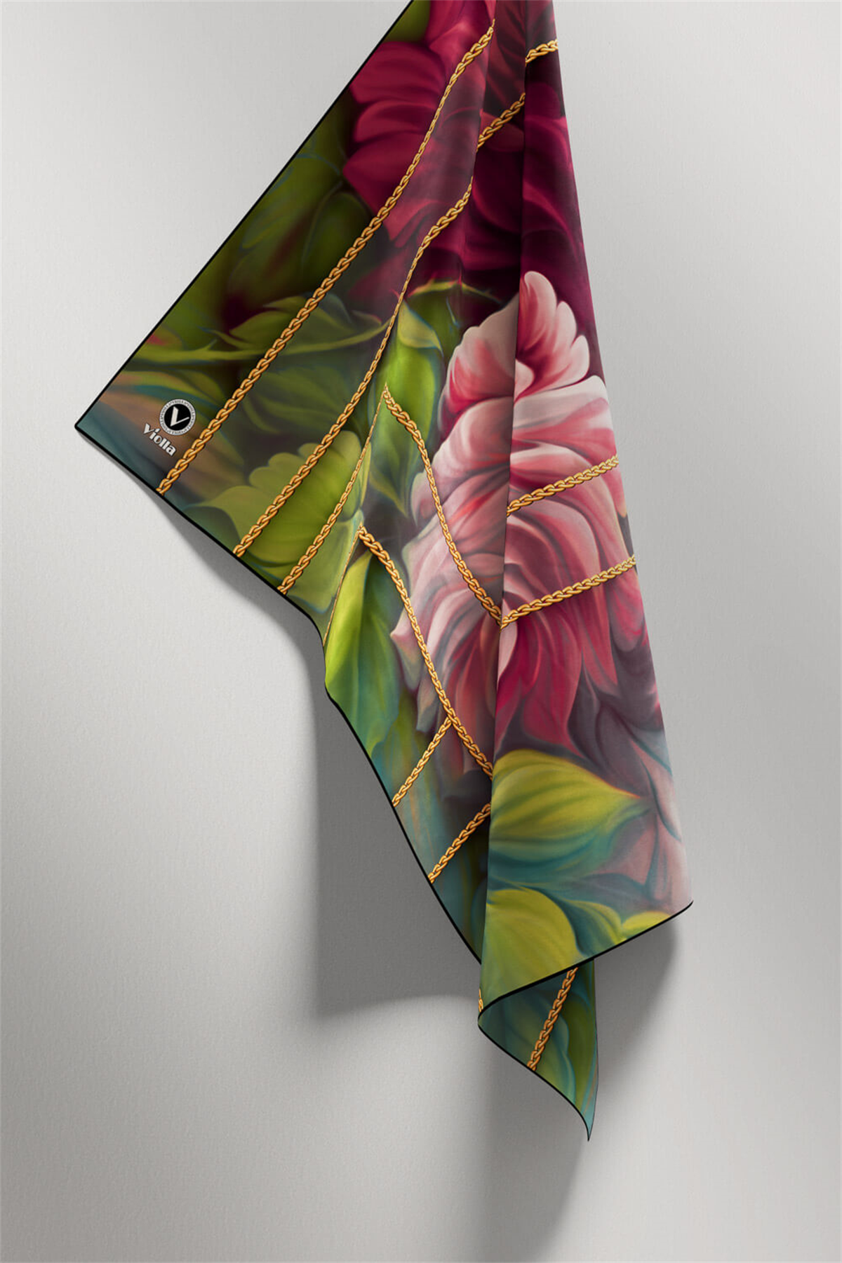 Twill Gül Desenli Şarabi - Haki Renkli 90x90 Eşarp (İpek İçermez) Kenar Dikiş Şekli El Dikişli