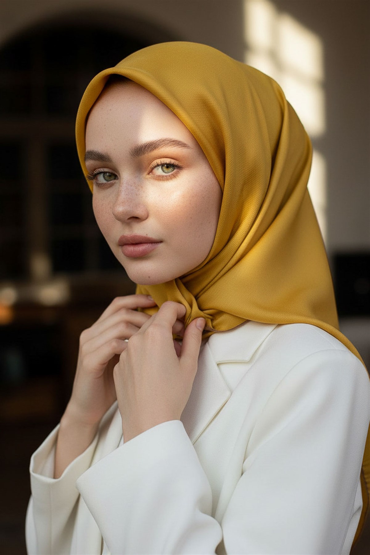 %100 Twill İpek Düz Gold Renkli Daha Tok Exclusive Serisi 90x90 Eşarp Dikim Şekli : El Dikişi