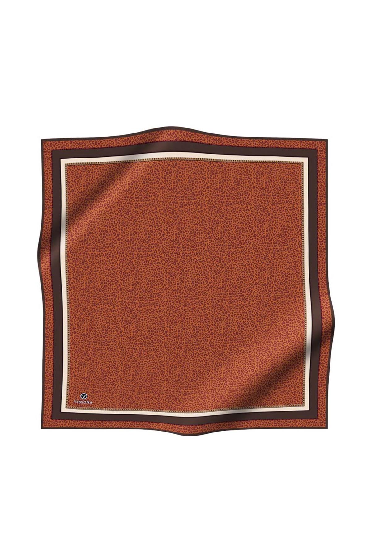 %100 Twill İpek Leopar Desenli Taba - Kahverengi Renkli 90x90 Eşarp Dikim Şekli : El Dikişi