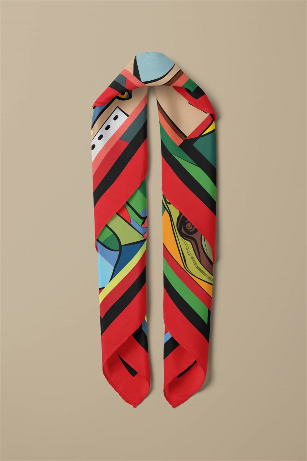 A11 Kadın Portrait Desenli Bandana 50x50 Kırmızı DG0238-22 Snz