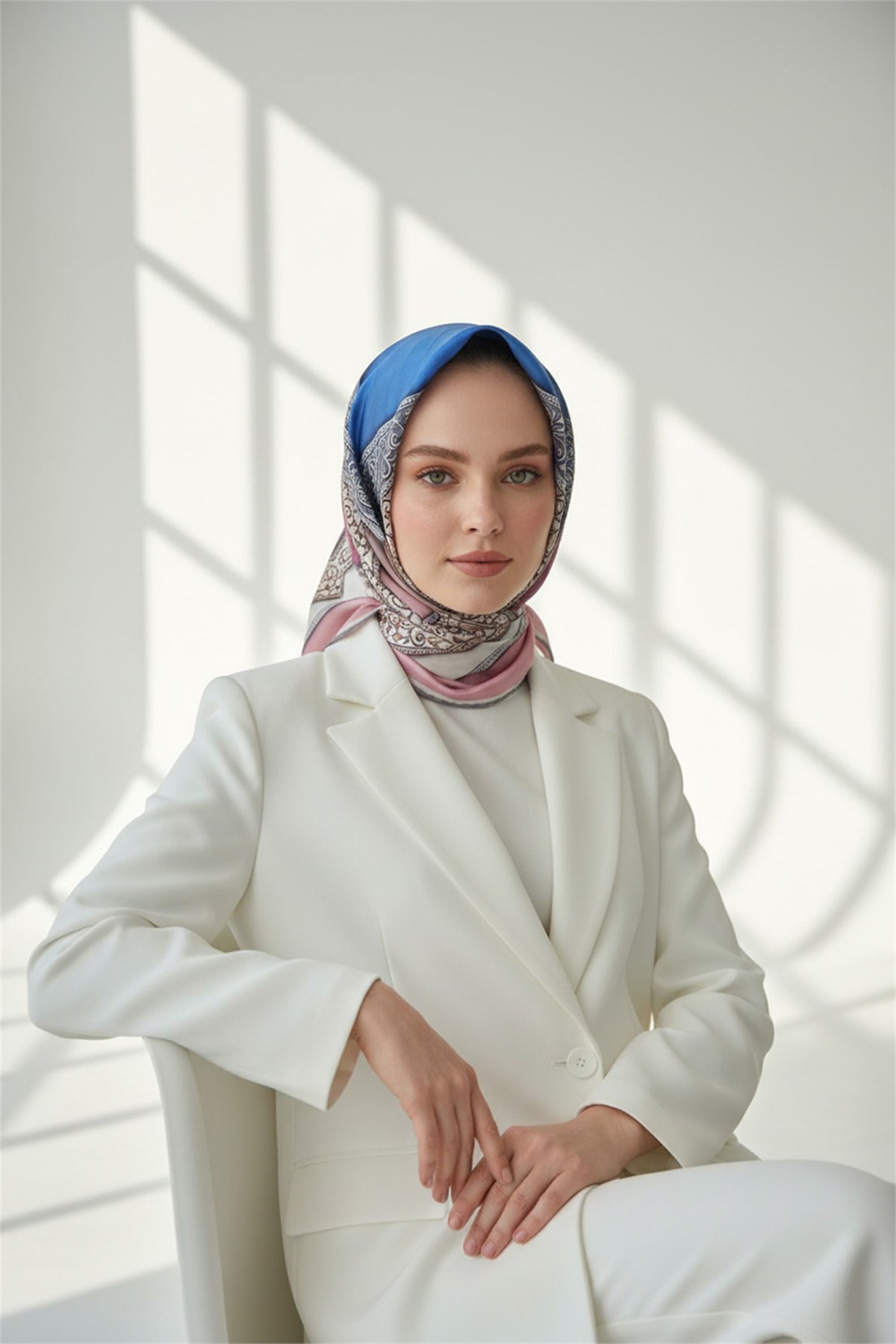 Kristal Geometrik Desenli Pudra Renkli 90x90 Eşarp (İpek İçermez) Kenar Dikiş Şekli El Dikişli