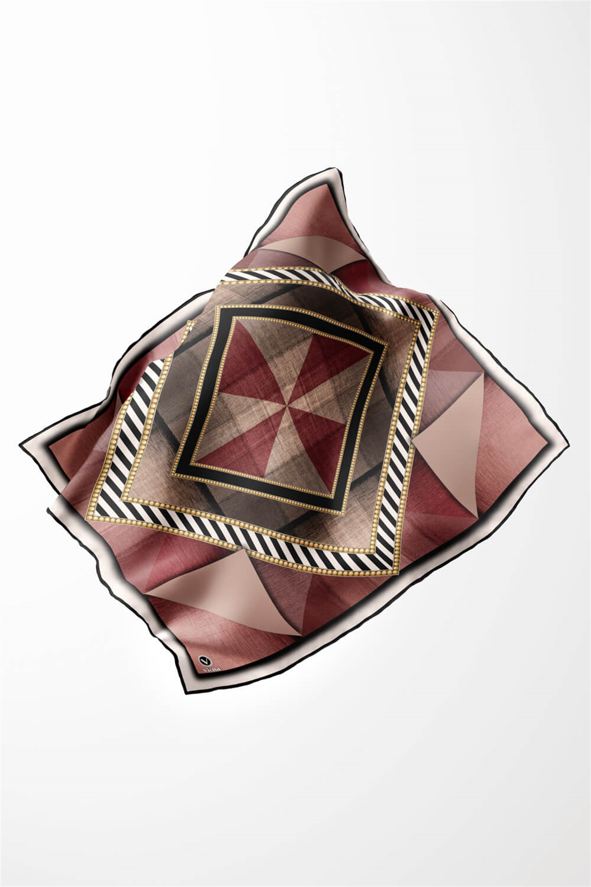 Twill Eskitme Desenli Bordo Renkli 90x90 Eşarp (İpek İçermez) Kenar Dikiş Şekli El Dikişli