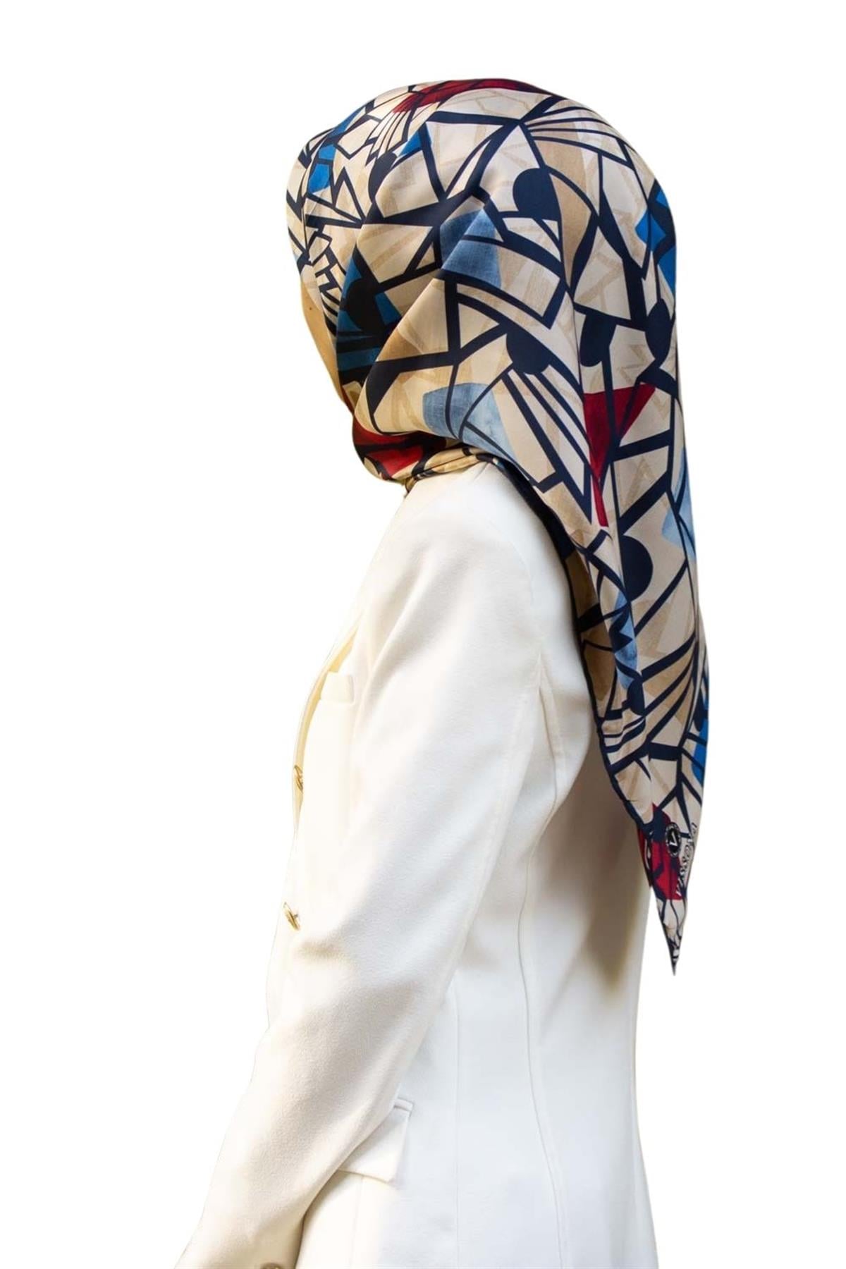 %100 Twill Renkli Petek Desenli Mavi - Kırmızı Renkli 90x90 Eşarp Dikim Şekli: El Dikişii