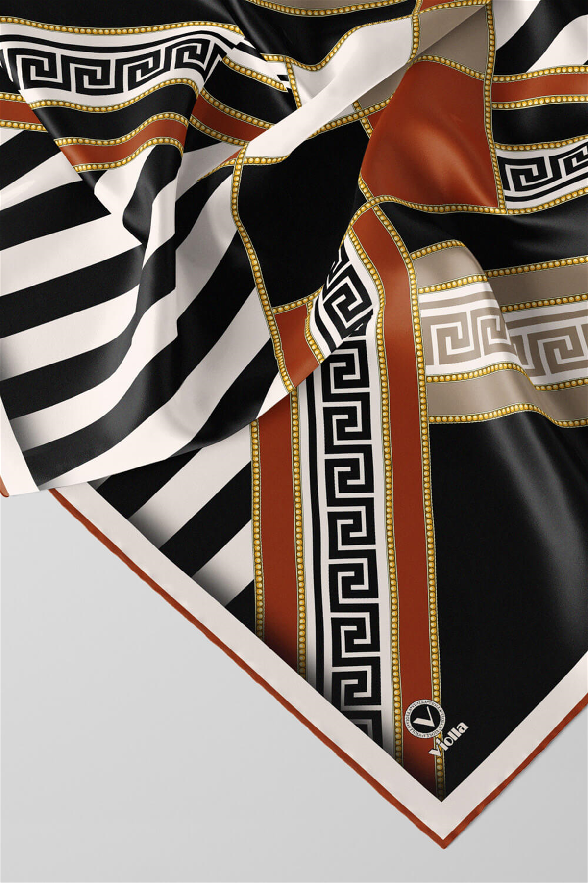 Twill Çizgili Geometrik Desenli Taba Renkli 90x90 Eşarp (İpek İçermez) Kenar Dikiş Şekli El Dikişli