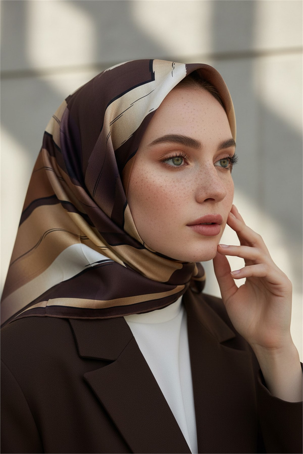 %100 Twill İpek Geometrik Fırça İzi Desenli Kahverengi - Bej Renkli 90x90 Eşarp Dikim Şekli : El Dikişi