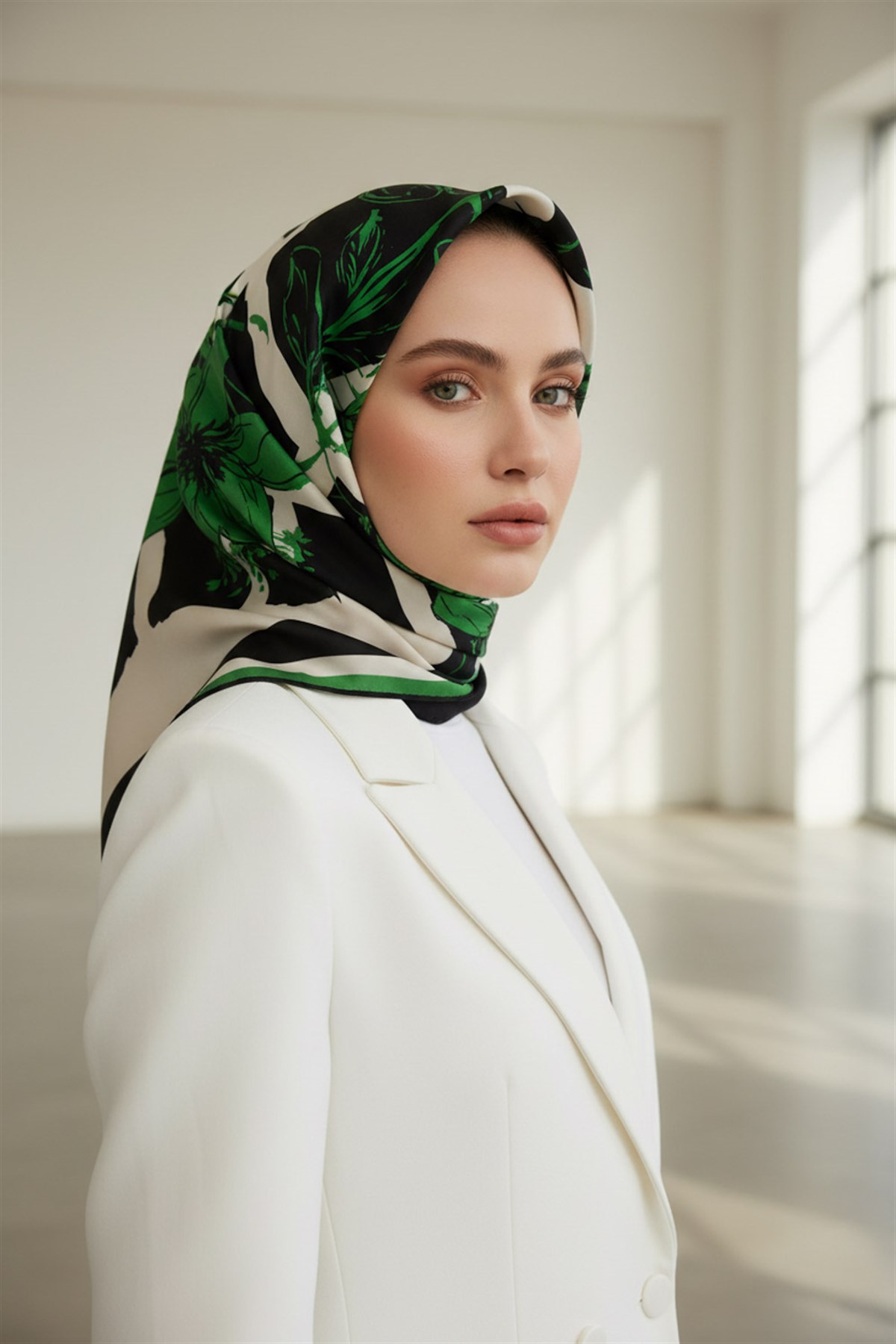 %100 Twill İpek Çiçekli ve Geometrik Desenli Zümrüt Yeşili - Lacivert Renkli 90x90 Eşarp Dikim Şekli : El Dikişi
