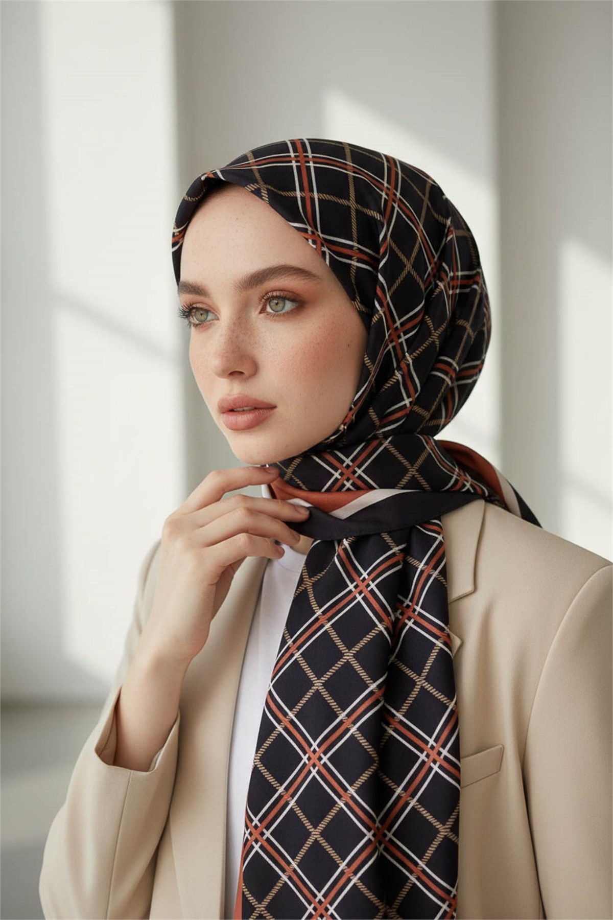 KREP EKOSE DESENLİ SİYAH - GÜL KURUSU RENKLİ 75X195 KIRIŞMAZ ŞAL