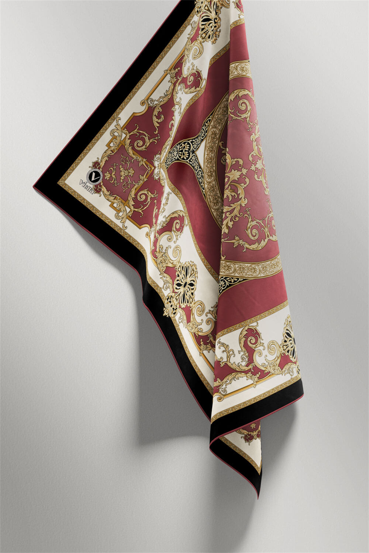 Twill Barok Desenli Gül Kurusu Renkli 90x90 Eşarp (İpek İçermez) Kenar Dikiş Şekli El Dikişli