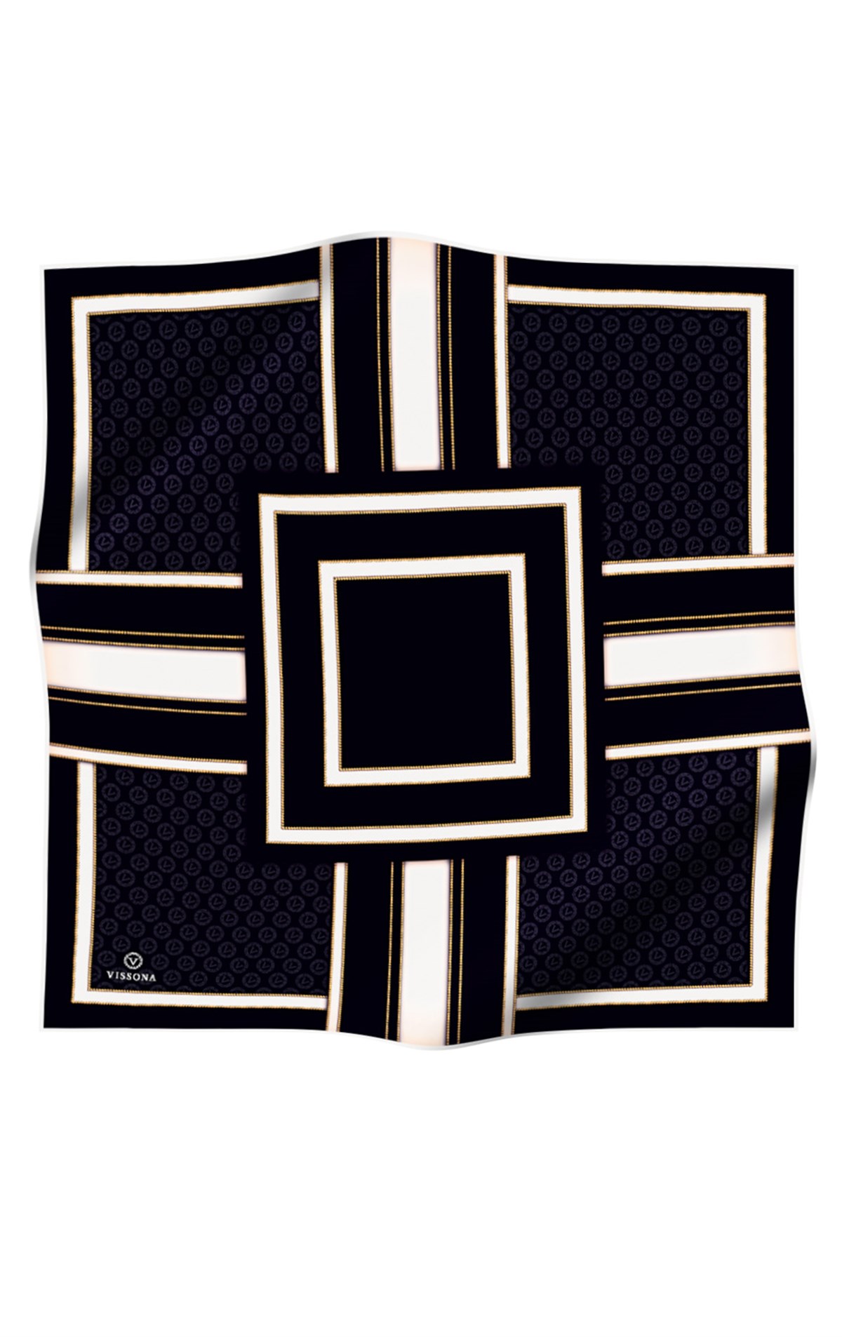 %100 Twill Geometrik Monogram Desenli Siyah - Krem Renkli 90x90 Eşarp Kenar Dikiş Şekli : El Dikişli