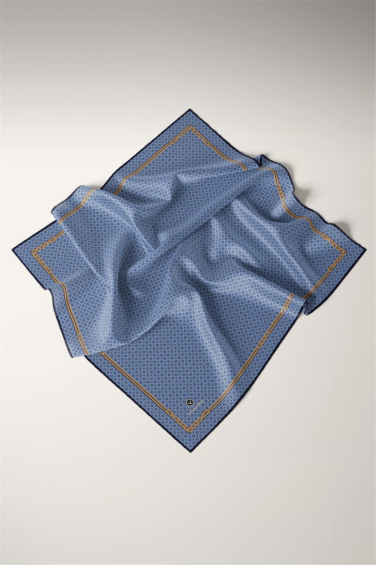 %100 Twill İpek Zincir Desenli Bebe Mavisi - Siyah Renkli 90x90 Eşarp Dikim Şekli : El Dikişi