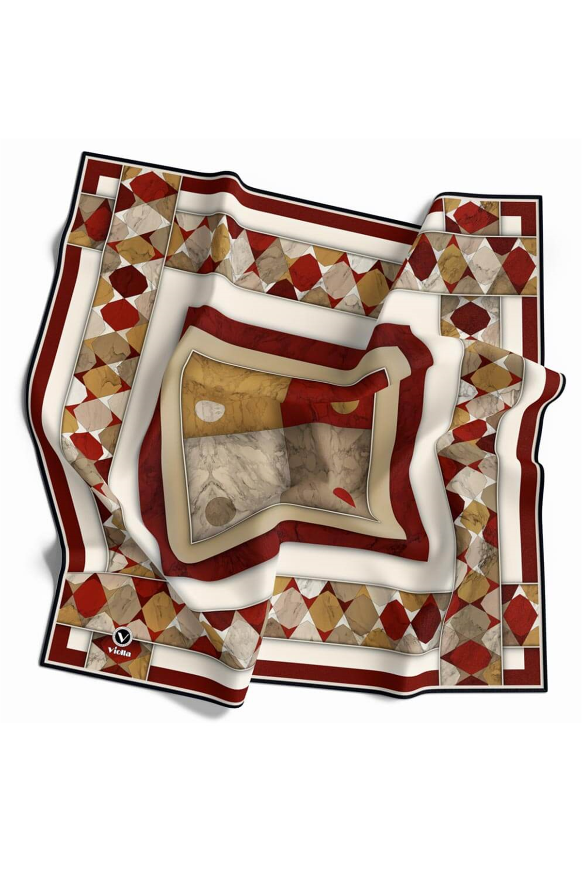 Twill Geometrik Mermer Desenli Bordo Renkli 90x90 Eşarp (İpek İçermez) Kenar Dikiş Şekli El Dikişli