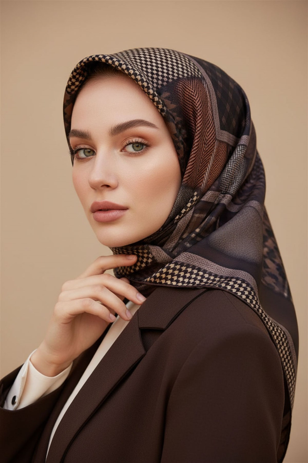 %100 Twill İpek Kazakayaklı Ve Ekose Desenli Kahverengi - Bej Renkli 90x90 Eşarp Dikim Şekli : El Dikişi