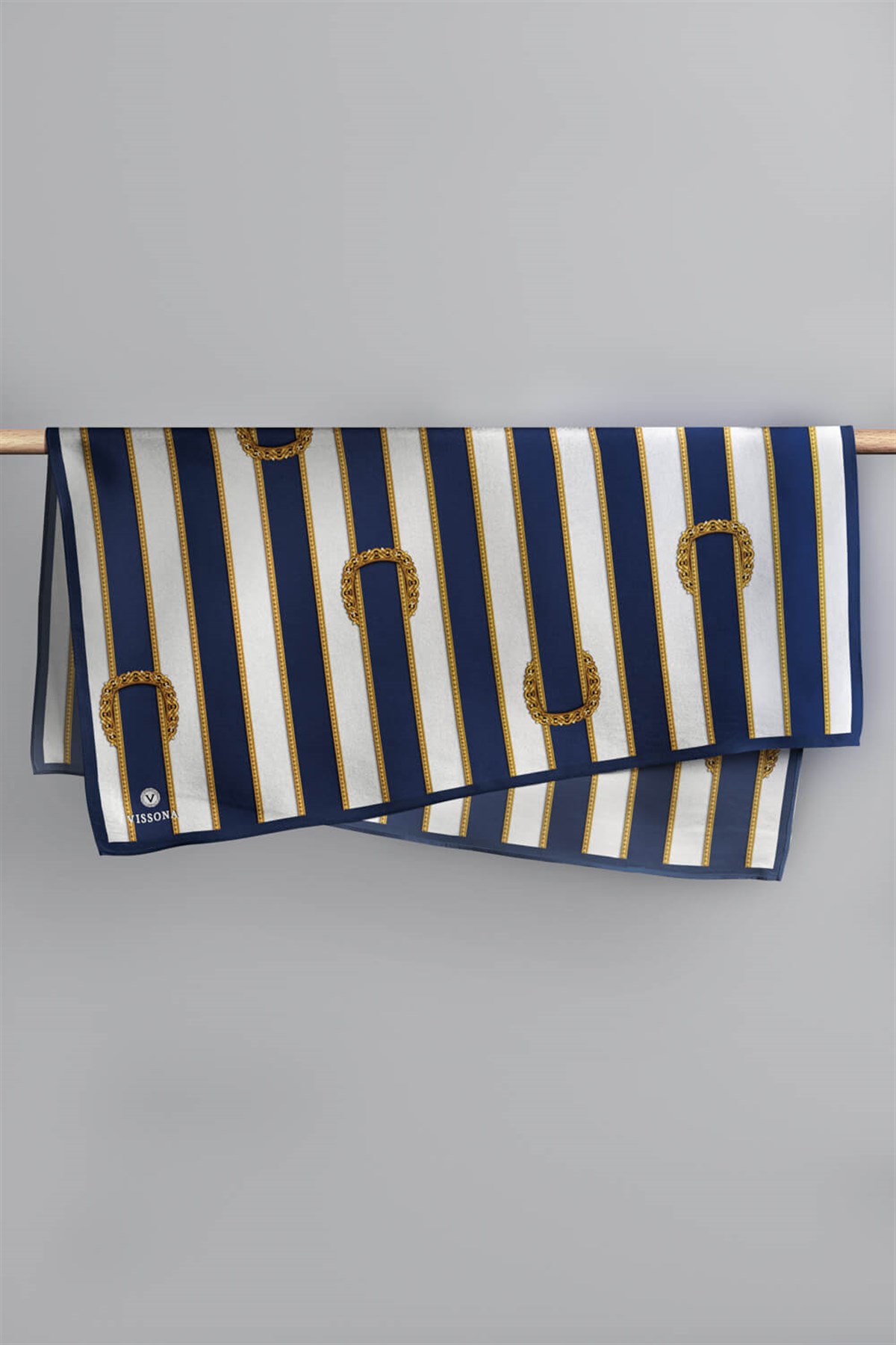 %100 Twill İpek Kemer Desenli Lacivert - Krem Renkli 90x90 Eşarp Dikim Şekli : El Dikişi