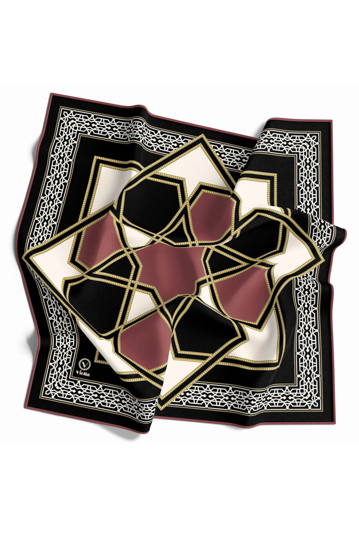 Twill Osmanlı Çini Desenli Gül Kurusu Renkli 90x90 Eşarp (İpek İçermez)Kenar Dikiş Şekli El Dikişli