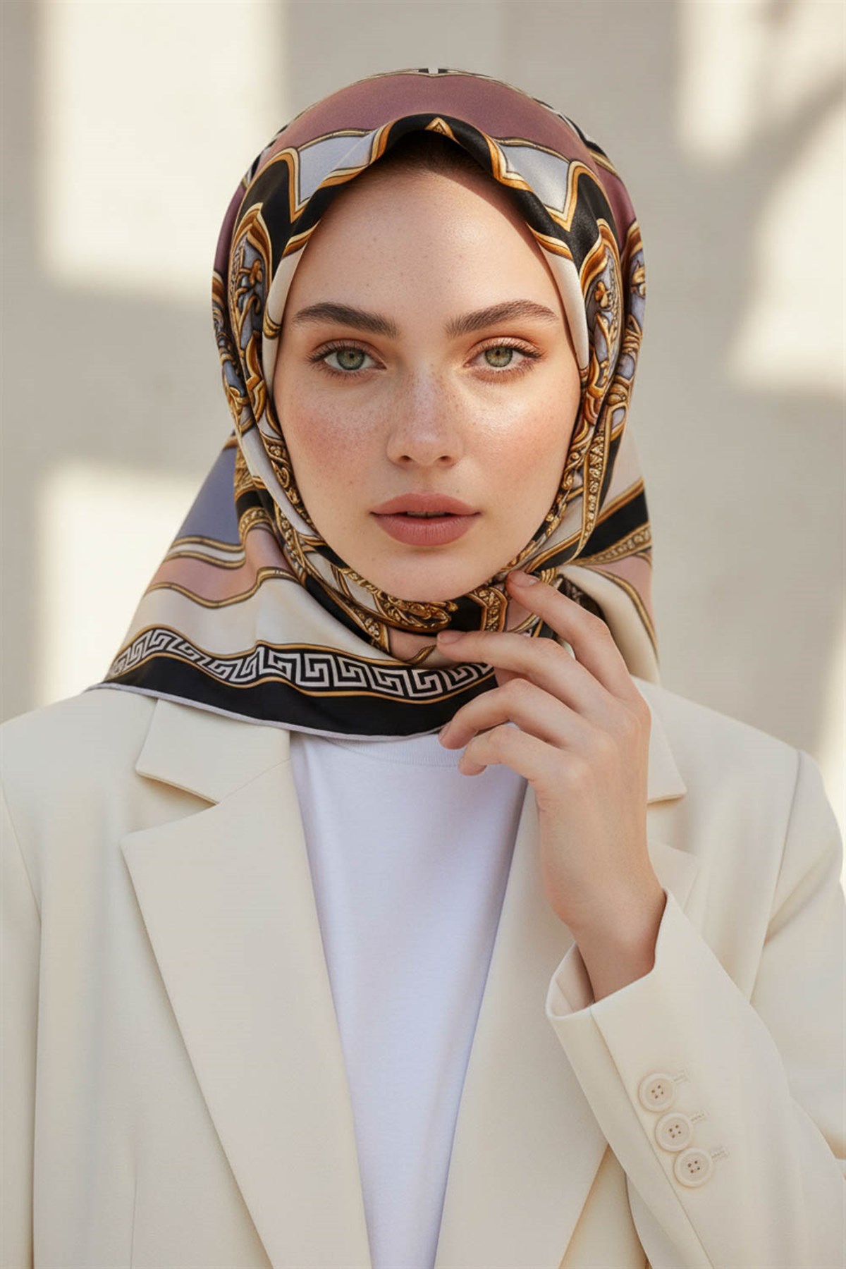 %100 Twill İpek Barok Desenli Pudra - Gri Renkli 90x90 Eşarp Dikim Şekli : El Dikişi