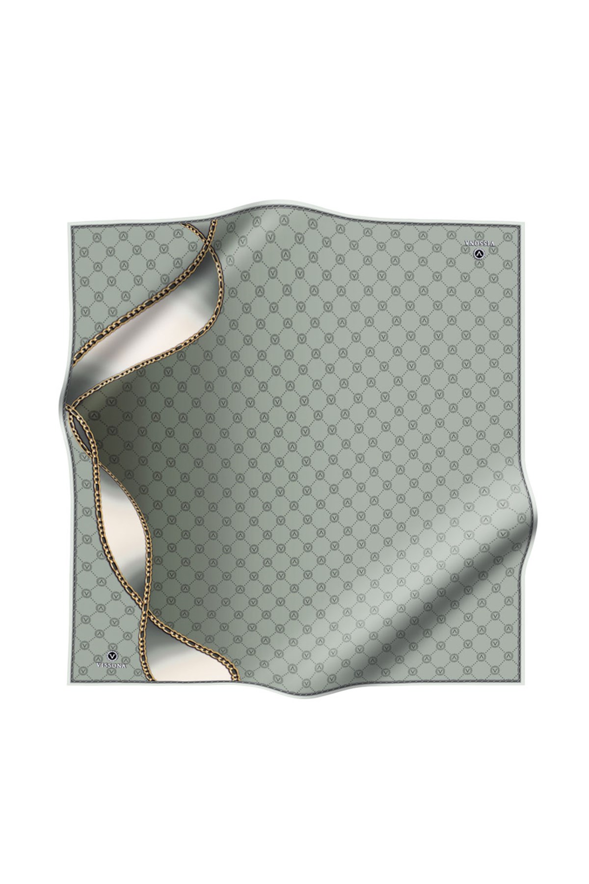 %100 Twill İpek Zincirli Ve Monogram Desenli Çağla Renkli 90x90 Eşarp Dikim Şekli : El Dikişi