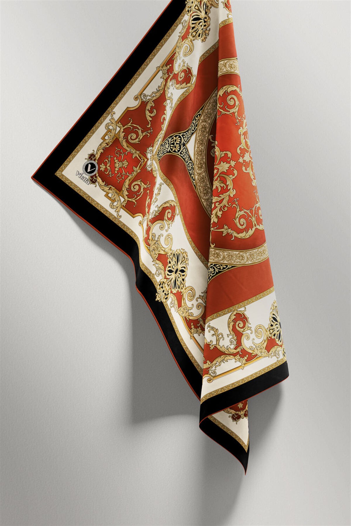 Twill Barok Desenli Taba Renkli 90x90 Eşarp (İpek İçermez) Kenar Dikiş Şekli El Dikişli