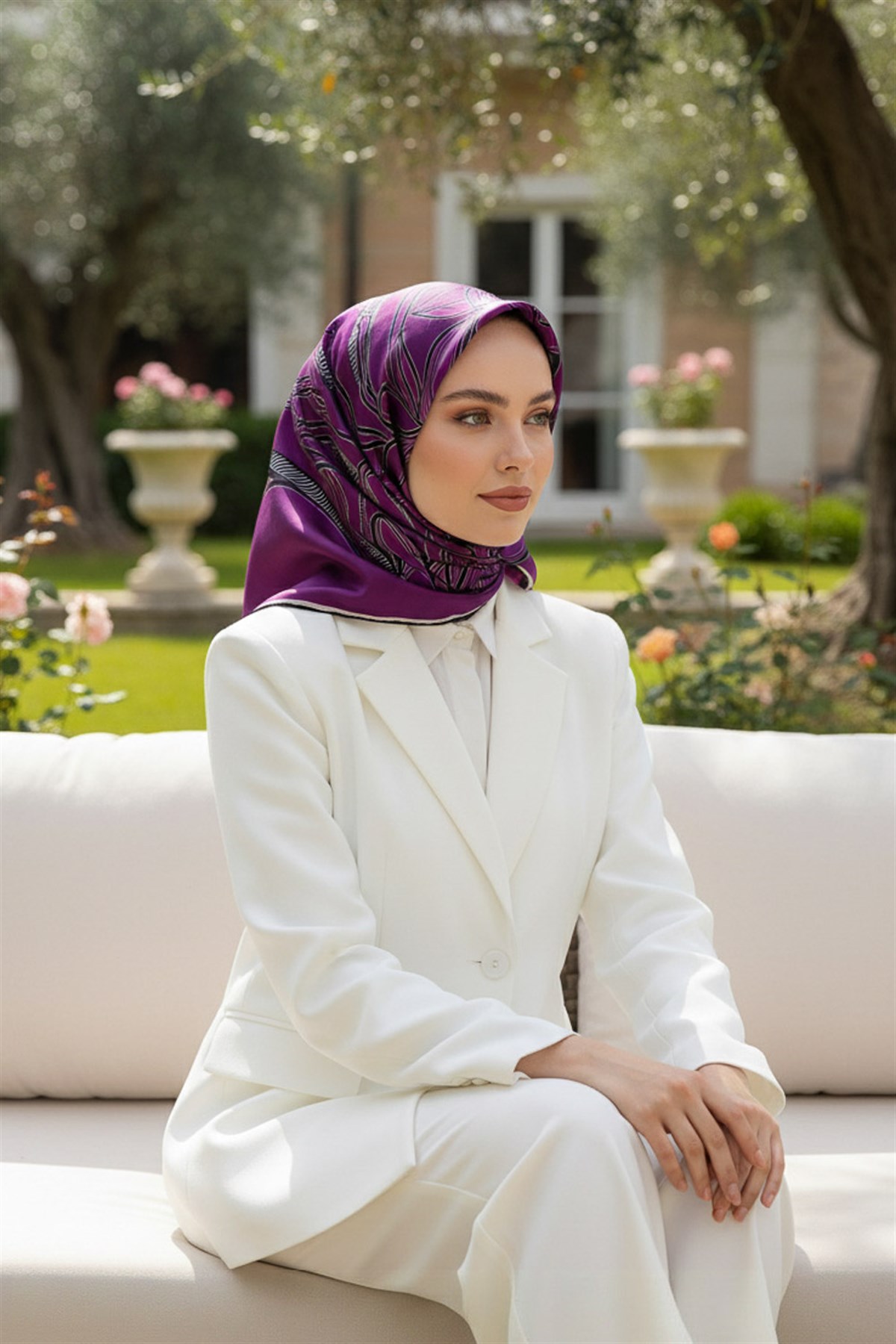 %100 Twill İpek Çizgili Çiçek Desenli Mürdüm - Siyah Renkli 90x90 Eşarp Dikim Şekli : El Dikişi