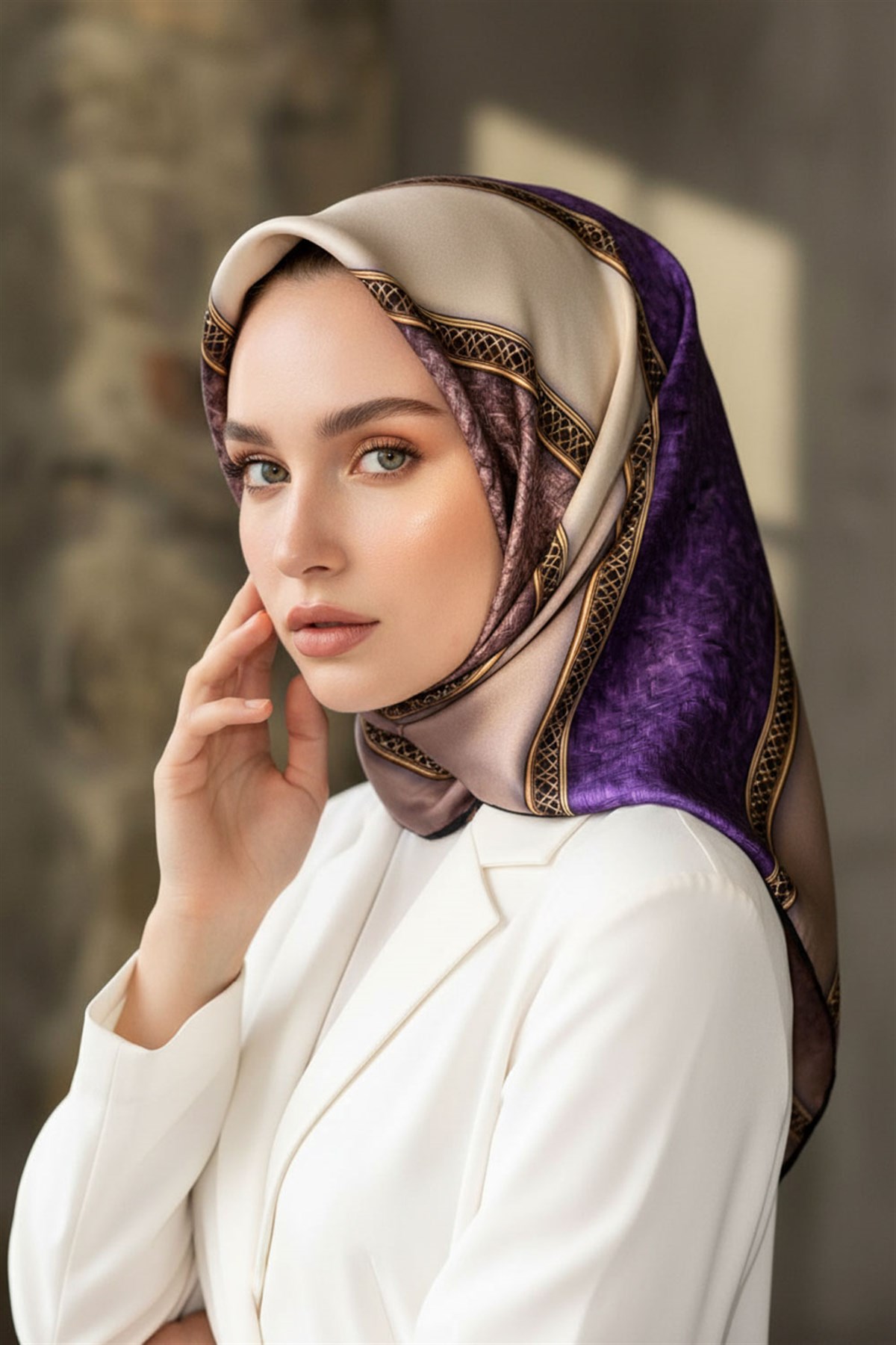 %100 Twill İpek Dokulu Ve Şerit Desenli Mor - Somon Renkli 90x90 Eşarp Dikim Şekli : El Dikişi