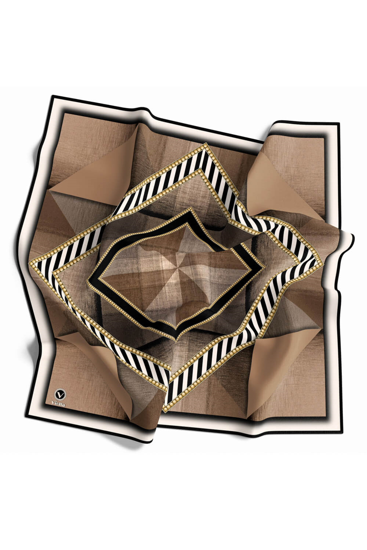 Twill Eskitme Desenli Bej Renkli 90x90 Eşarp (İpek İçermez) Kenar Dikiş Şekli El Dikişli