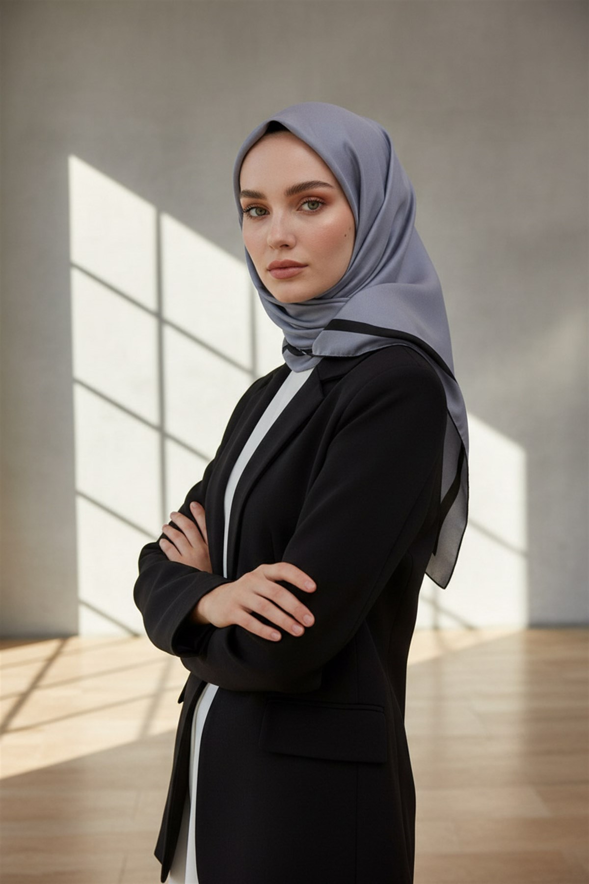 100% Twill İpek Düz Renk Bordür Desenli Gri Siyah Renkli Daha Tok Exclusive Serisi 90x90 Dikim Şekli : El Dikişi Eşarp