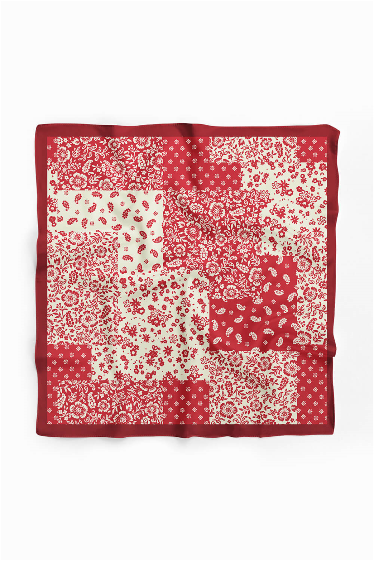 A46 Kadın Çiçek Desenli Bandana 50x50 Kırmızı Beyaz DG0425-22