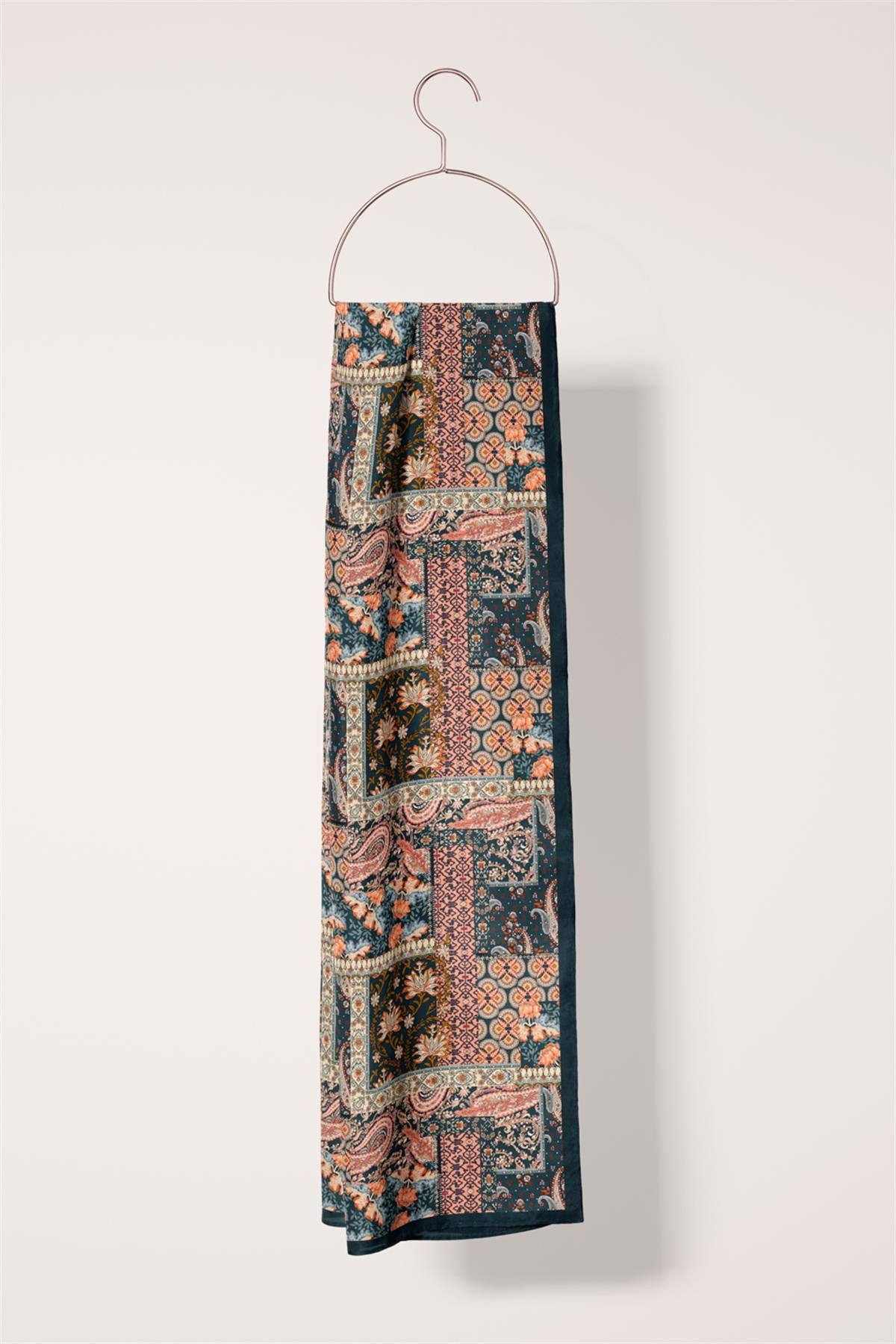 Z41 Modabutik Şal Desenli Mavi Somon Renkli Fular