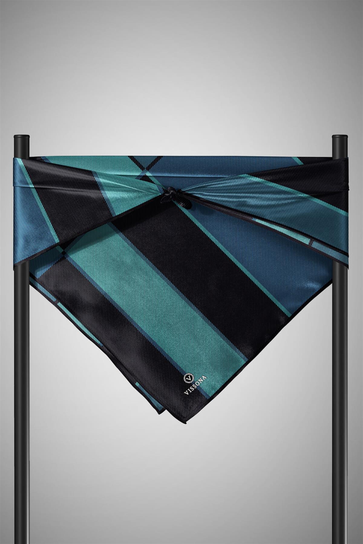 %100 Twill İpek Geometrik Desenli Lacivert Renkli 90x90 Eşarp Dikim Şekli : El Dikişi