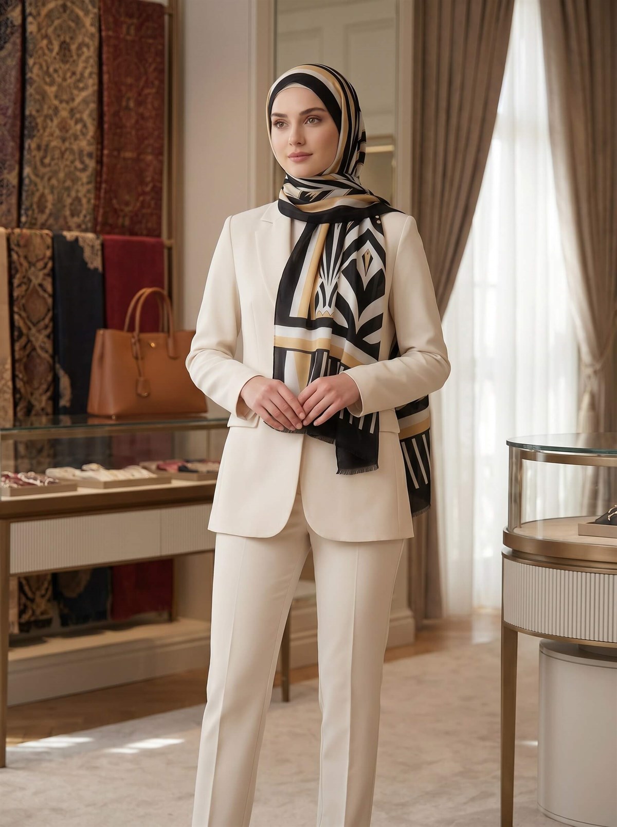 %100 Saf İpek Şal İnce Saten Vual Dokuma Yelpaze Desenli Gold - Siyah Renkli 90x210 Şal