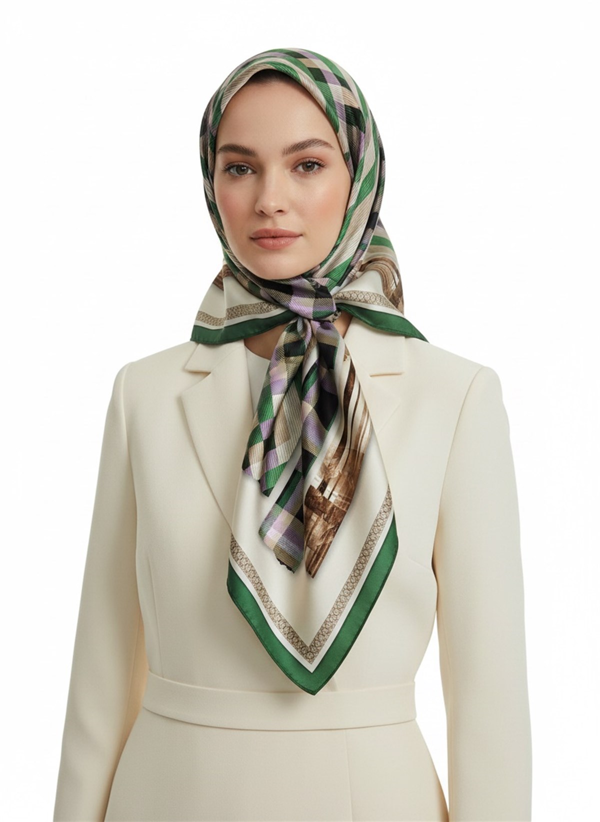 %100 Twill İpek Ekose Desenli Zümrüt Yeşili - Krem Renkli 90x90 Eşarp Dikim Şekli : El Dikişi