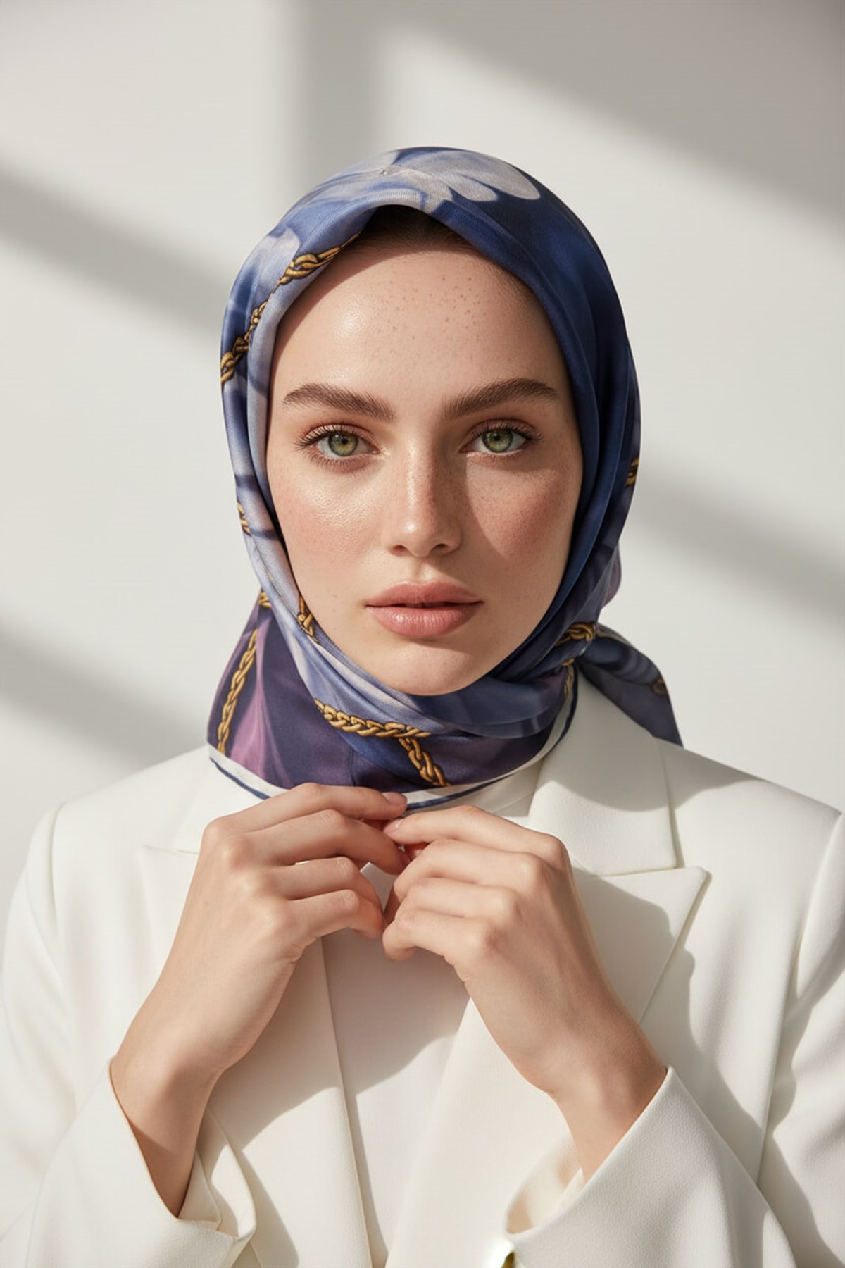 % 57 İPEK % 43 VİSKON Twill İpek Çiçek Geometrik Desenli indigo Renkli 90x90 Eşarp Dikim Şekli : El Dikişi