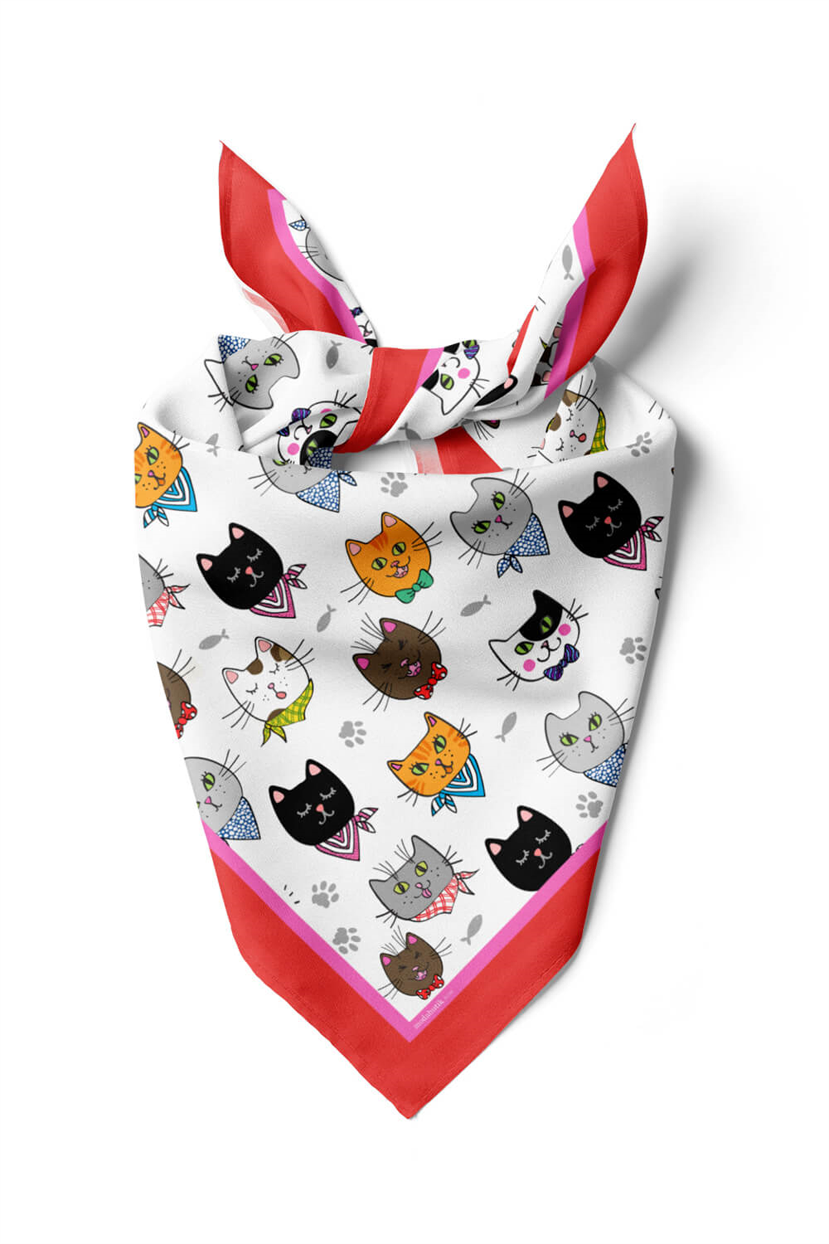 A59 Kadın Kedi Desenli Bandana 50x50 Kırmızı DG0191-22 Snz