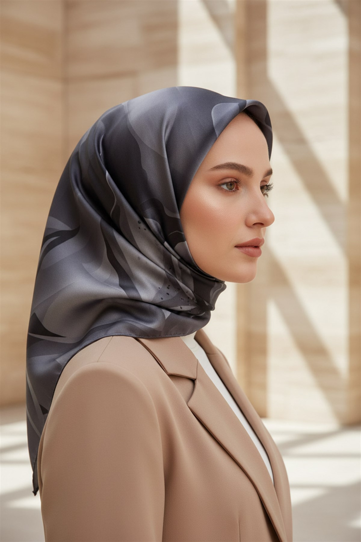 %100 Twill İpek Çiçek Desenli Gri Renkli 90x90 Eşarp Dikim Şekli : El Dikişi
