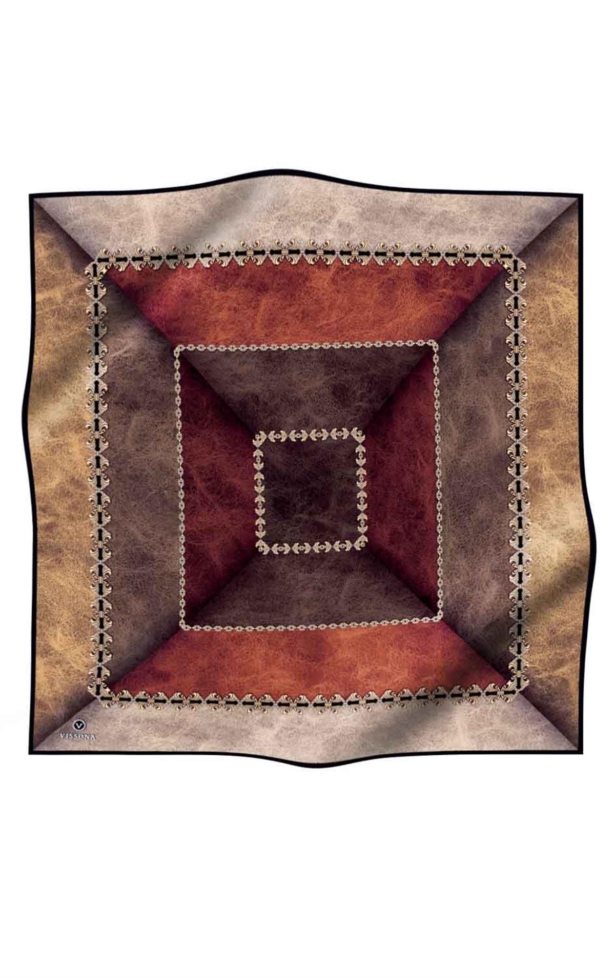 %100 Twill İpek Geometrik Desenli Taba - Hardal Renkli 90x90 Eşarp Dikim Şekli : El Dikişi