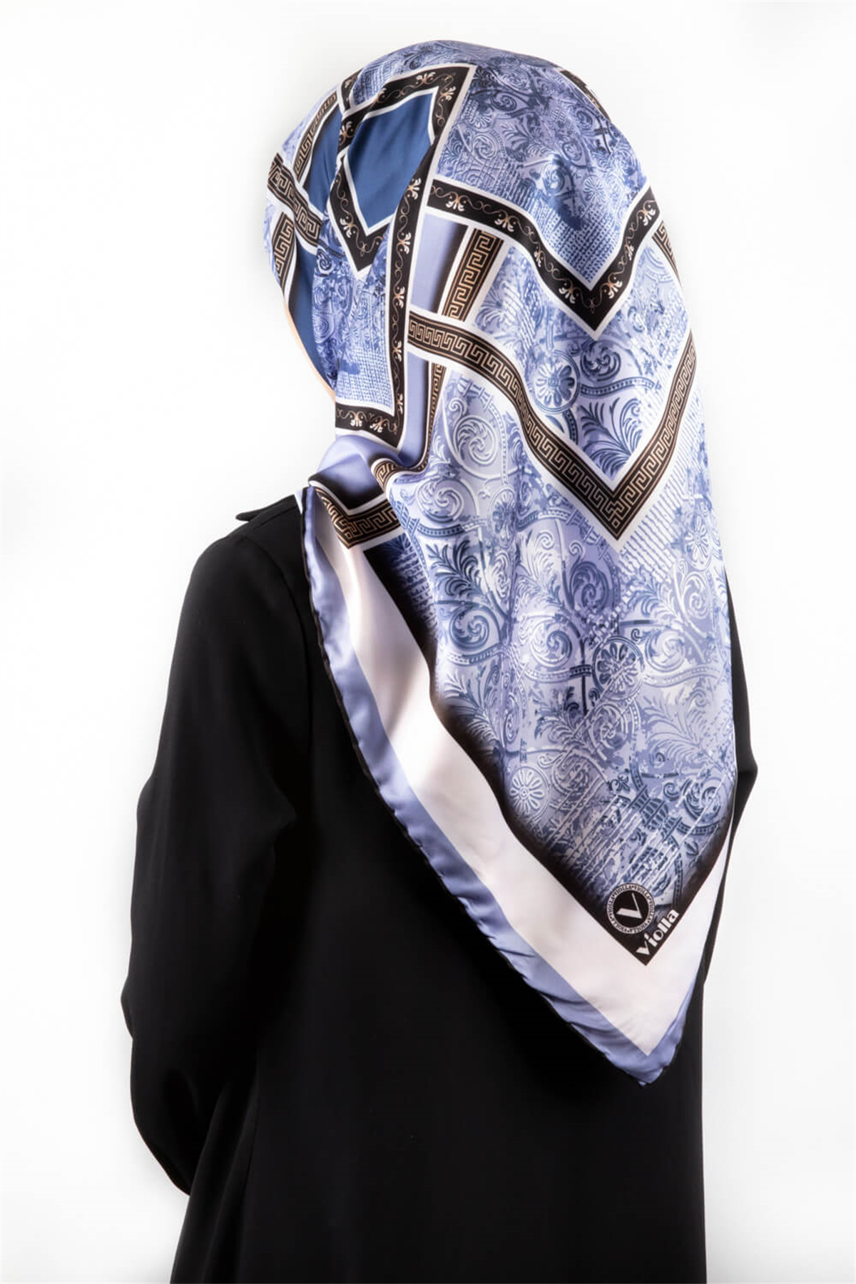 Twill Geometrik Desenli İndigo Renkli 90x90 Eşarp (İpek İçermez) Kenar Dikiş Şekli El Dikişli