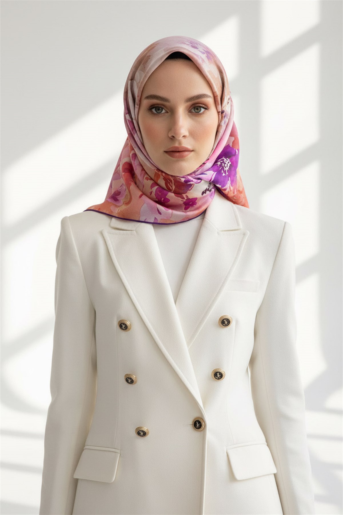 %100 Twill İpek Çiçek  Desenli Mor Renkli 90x90 Eşarp Dikim Şekli : El Dikişi
