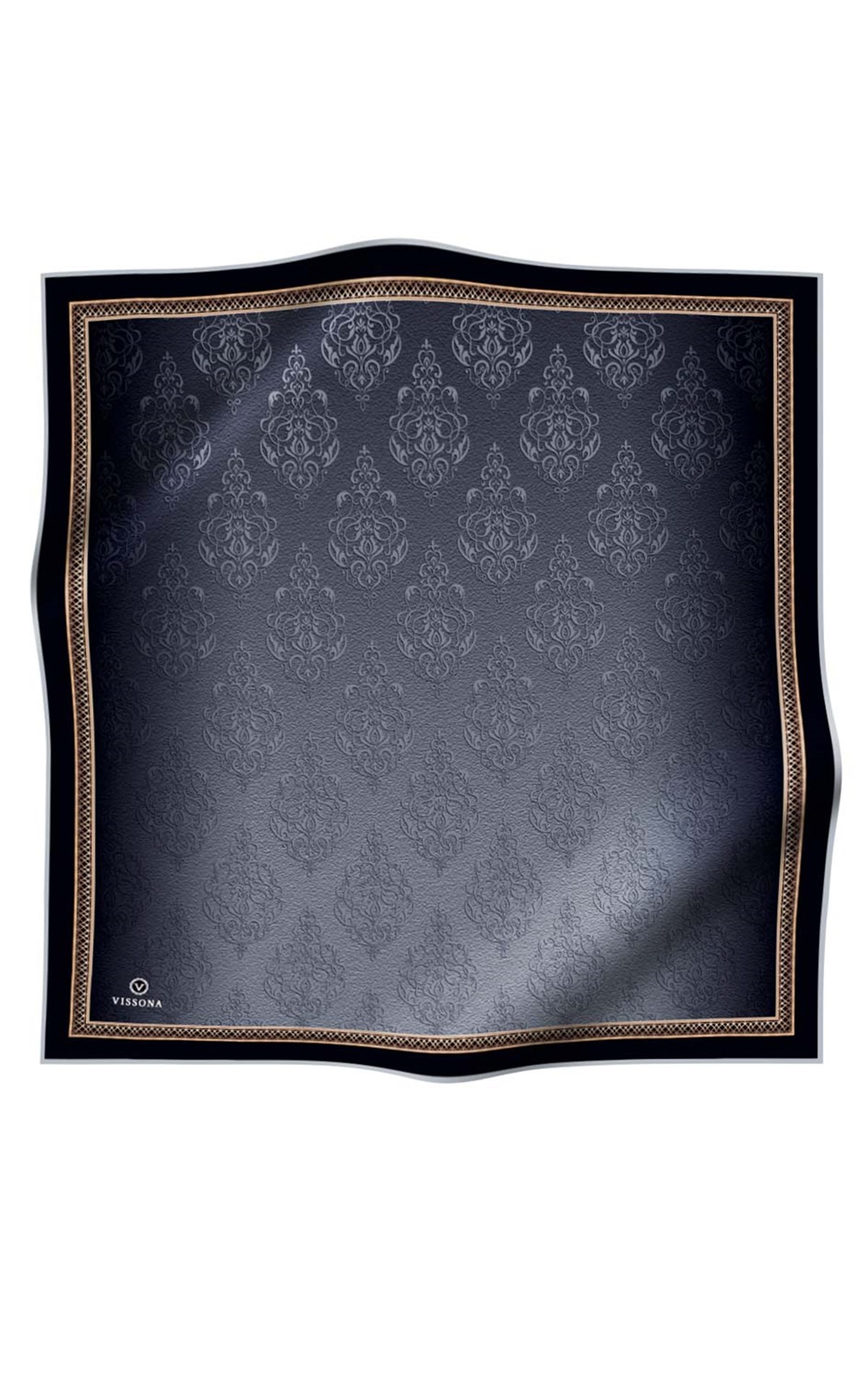 %100 Twill İpek Eşarp 90x90 Gümüş Barok Desenli El Dikişli Kadın Eşarp