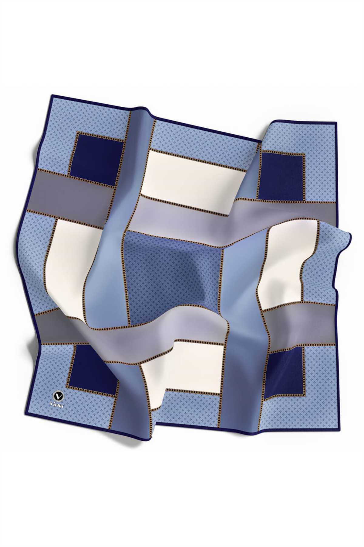 Twill Geometrik Desenli İndigo - Gri Renkli 90x90 Eşarp (İpek İçermez) Kenar Dikiş Şekli El Dikişli